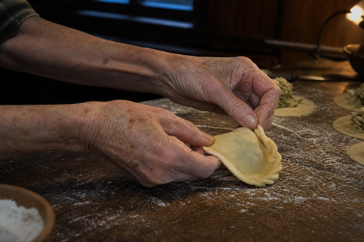 Realistische Food-Fotografie von Hannelores dünnen älteren Händen beim Krendeln einer Kärntner Kasnudel